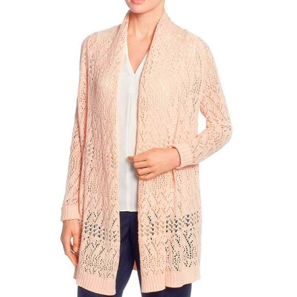 Tahari Long Cardigan SP Shimmer Blush Pink Open Crochet Knit Sweater Chic NWT - Picture 1 of 7